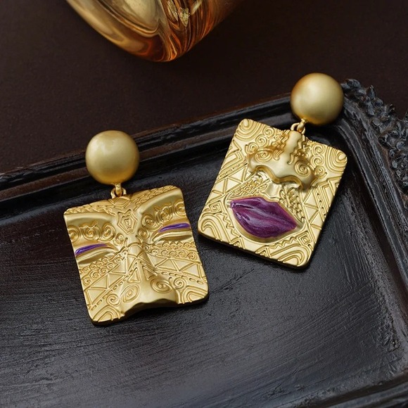 Jewelry - Gold Face Earrings Purple‎ Accent Statement Earrings Women's Jewelry